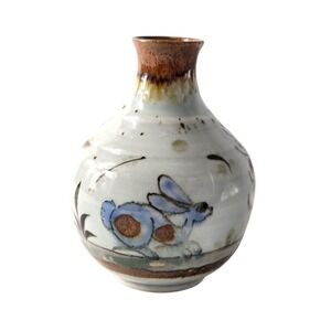 Vintage Ken Edwards Pottery Vase Tonala Butterfly Flowers Bunny Rabbit Sign 5.5"
